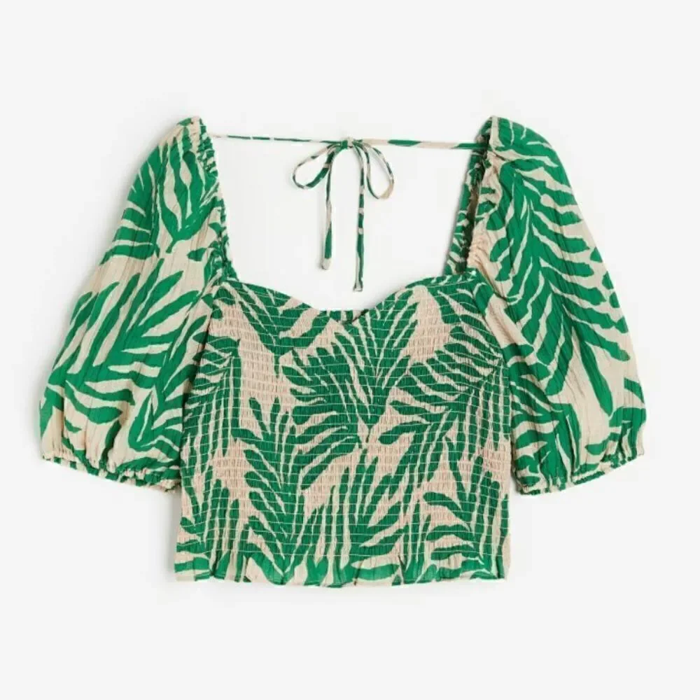 New H&M Light Beige Green Leaf Pattern Smock Top Size XS